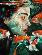 Ernest Manza (XX) - Rostro con peces, Antiek en Kunst, Kunst | Schilderijen | Modern