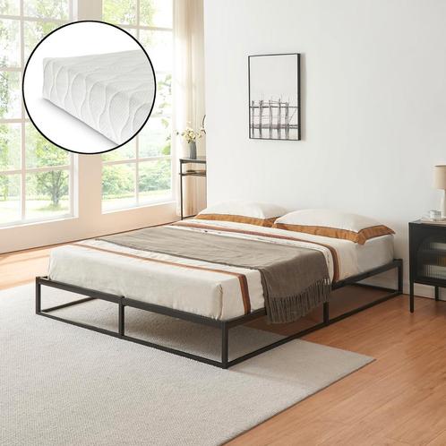 Metalen bedframe 140x200 cm met bedbodem en matras zwart [en, Huis en Inrichting, Slaapkamer | Bedden, Verzenden