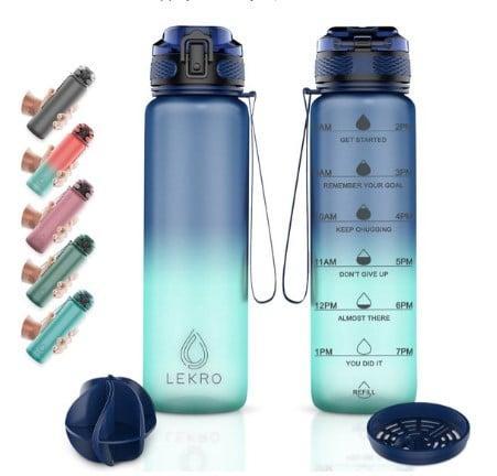 Lekro Waterfles met Tijdmarkeringen - Blauw 1 Liter, Huis en Inrichting, Keuken | Tupperware, Zo goed als nieuw, Ophalen of Verzenden