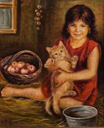 Italiaanse school (XX) - Banbina con gatto, Antiek en Kunst