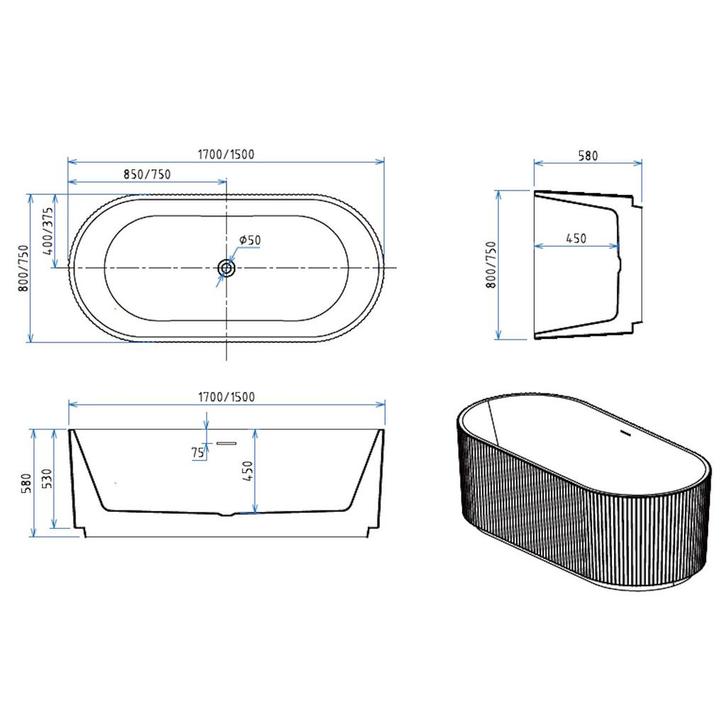 Vrijstaand Bad BWS Evi Met Ribbel Strepen 170x80x58 cm Mat, Doe-het-zelf en Verbouw, Sanitair, Ophalen of Verzenden