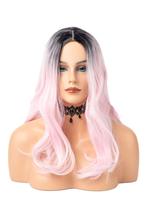 Luxe Lange Roze Zwarte Pruik Curtain Bangs Pony Haarwerk Kru, Ophalen of Verzenden, Nieuw, Carnaval