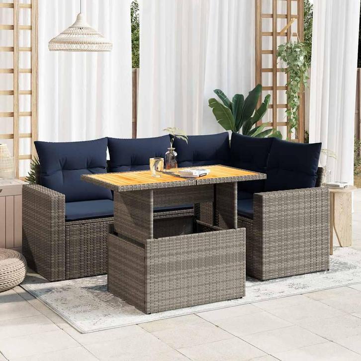 vidaXL 5-delige Loungeset met kussens poly rattan grijs, Tuin en Terras, Tuinsets en Loungesets, Loungeset, Nieuw, Rotan, Verzenden