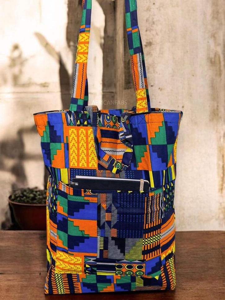 Shopper tas met Afrikaanse print - Blauw Oranje Kente - Herb, Sieraden, Tassen en Uiterlijk, Tassen | Damestassen, Nieuw, Ophalen of Verzenden