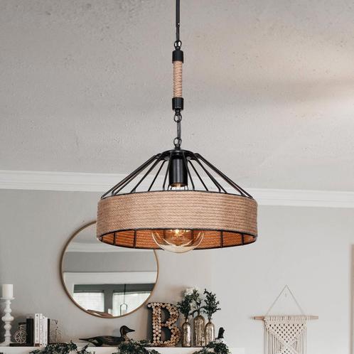 [lux.pro] Hanglamp Bridgford E27 zwart en jute, Huis en Inrichting, Lampen | Hanglampen, Verzenden