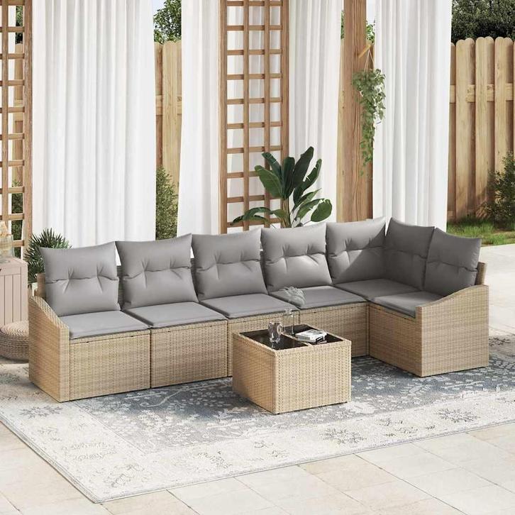 vidaXL Tuin Eetset met kussen met opslag 7 pcs Beige en, Tuin en Terras, Tuinsets en Loungesets, Nieuw, Rotan, Verzenden