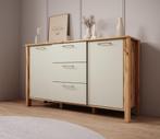 Meubella | Dressoir beige met eiken 138cm 3 lades - kast, Huis en Inrichting, Kasten | Dressoirs, 100 tot 150 cm, Verzenden, Nieuw