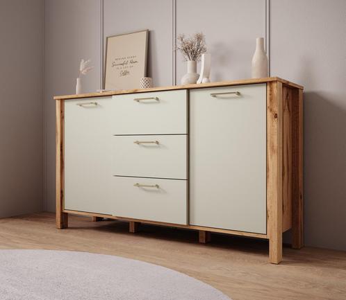 Meubella | Dressoir beige met eiken 138cm 3 lades - kast, Huis en Inrichting, Kasten | Dressoirs, 25 tot 50 cm, Nieuw, 100 tot 150 cm