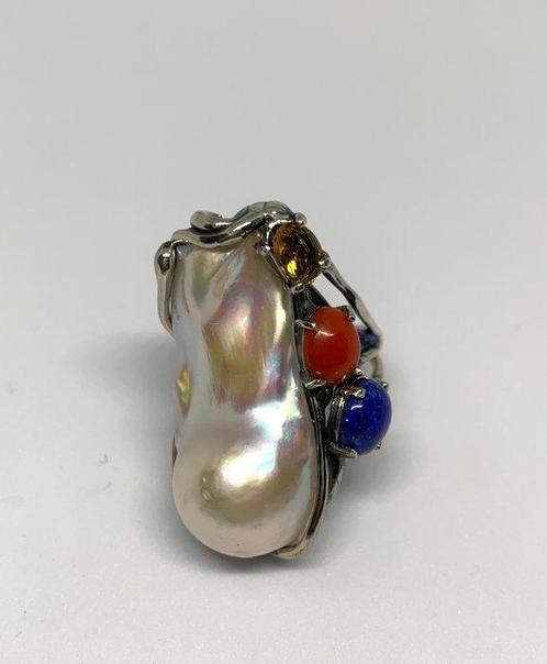 Gemengde edelstenen - Zilver - Ring - Lapis lazuli en koraal, Verzamelen, Mineralen en Fossielen