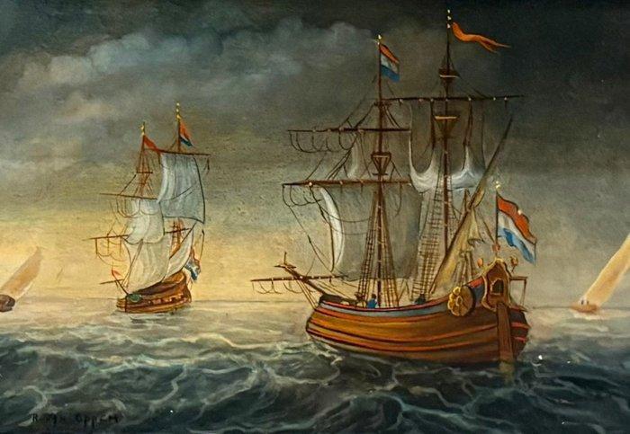 Belgische school (XIX) - Barcos neerlandeses navegando, Antiek en Kunst, Kunst | Schilderijen | Klassiek