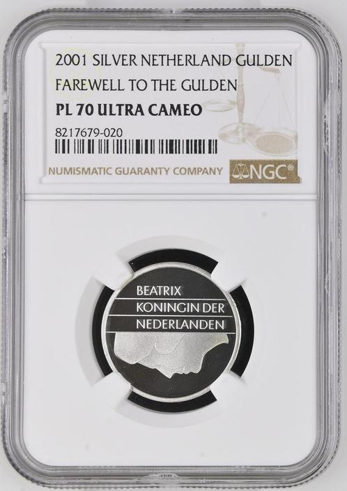 Koningin Beatrix Zilveren 1 gulden 2001 PL70 UCAM NGC, Postzegels en Munten, Munten | Nederland, Losse munt, 1 gulden, Koningin Beatrix