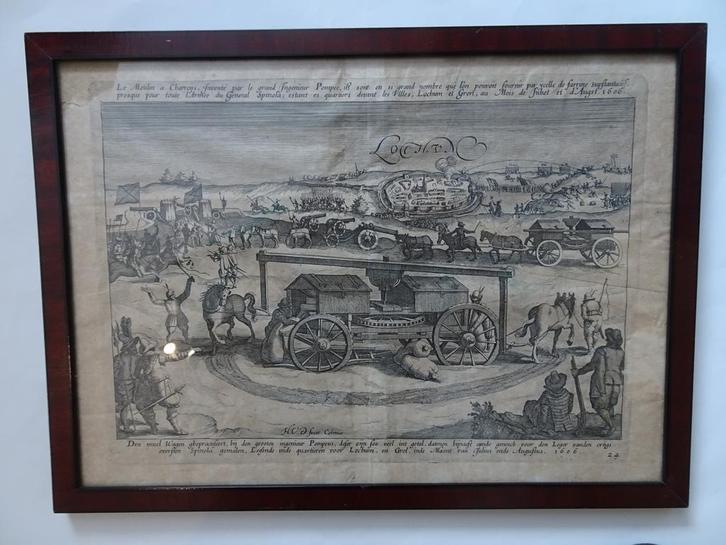 Gravure meelwagen bij beleg Lochem Spinola 1606 monogram HVD, Antiek en Kunst, Kunst | Etsen en Gravures, Verzenden