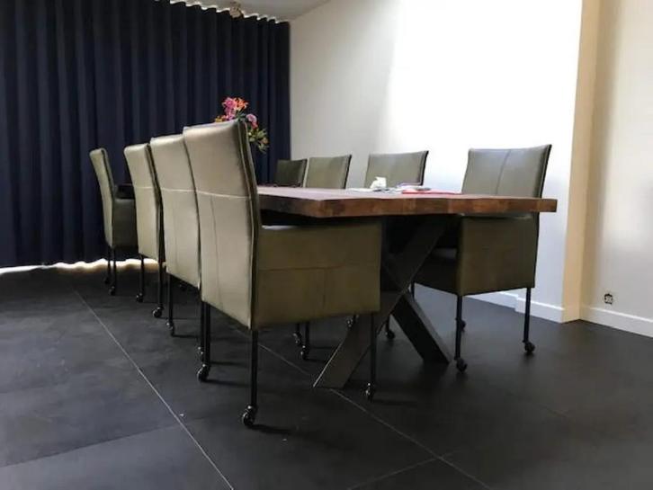 Set van 8 leren eetkamerstoelen - met wieltjes en hoge rug, Huis en Inrichting, Stoelen, Nieuw, Leer, Ophalen of Verzenden