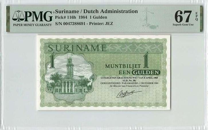 1984 Suriname P 116h 1 Gulden Pmg 67 Epq, Postzegels en Munten, Bankbiljetten | Europa | Niet-Eurobiljetten, Verzenden