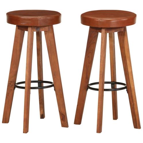 vidaXL Barstoelen 2 st echt leer en massief acaciahout, Huis en Inrichting, Barkrukken, Nieuw, Verzenden