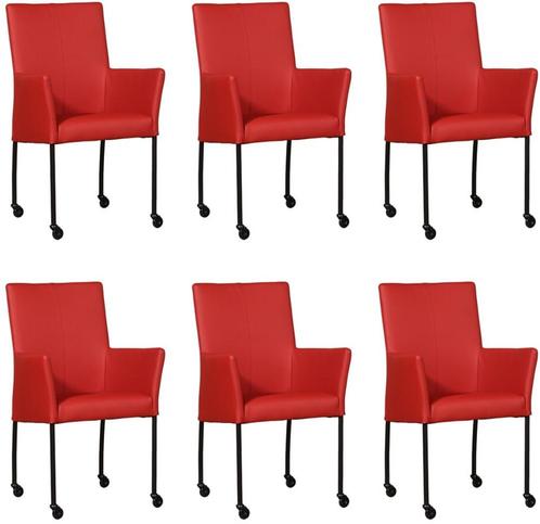 Set van 6 Rode leren moderne eetkamerstoelen - Toledo Leer D, Huis en Inrichting, Stoelen, Vijf, Zes of meer stoelen, Overige kleuren