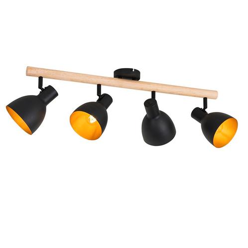 Landelijke spot zwart met hout 4-lichts - Flint, Huis en Inrichting, Lampen | Spots, Nieuw, Overige materialen
