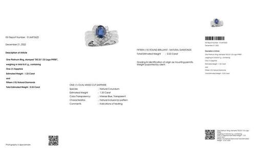 Ring Platina - 1.66ct. tw. Saffier - Diamant, Sieraden, Tassen en Uiterlijk, Ringen