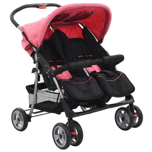 vidaXL Tweelingkinderwagen staal roze en zwart, Kinderen en Baby's, Kinderwagens en Combinaties, Nieuw, Verzenden