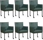 Set van 6 Groene leren moderne kuipstoel - poot rond zwart m, Nieuw, Leer, Ophalen of Verzenden, Modern