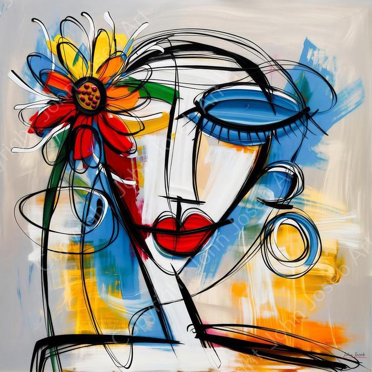 John Joseb Art canvas schilderij vrouw in herman brood stijl, Huis en Inrichting, Woonaccessoires | Schilderijen, Tekeningen en Foto's