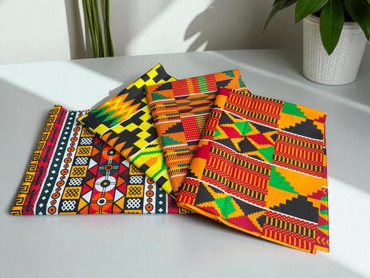 4 Fat quarters - Kente mix Quiltstoffen / Patchwork stoffen, Hobby en Vrije tijd, Stoffen en Lappen, Nieuw, Ophalen of Verzenden