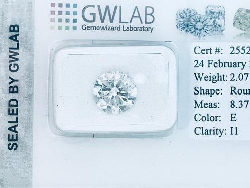 1 pcs Diamant (Natuurlijk) - 2.07 ct - Rond - E - P1 -, Sieraden, Tassen en Uiterlijk, Edelstenen