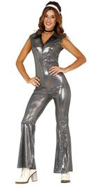 Disco 70S Jumpsuit Zilver Dames Holografisch, Nieuw, Verzenden