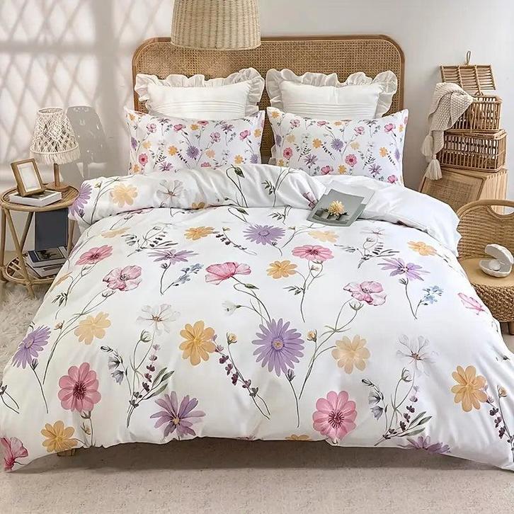 Eenpersoons Dekbedovertrek 140 x 200 - Bloemen - Geel, Huis en Inrichting, Slaapkamer | Beddengoed, Verzenden