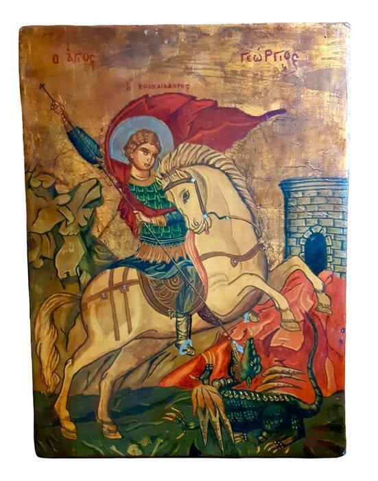 Icoon - Joris de Drakendoder - Bladgoud, Walnoot -, Antiek en Kunst, Antiek | Boeken en Bijbels