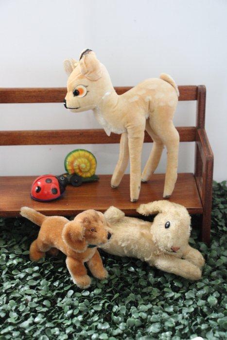 Steiff: Bambi, haasje en jonge teckel, 1960-1970 - Pluche, Antiek en Kunst, Antiek | Speelgoed