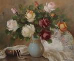 Europese school (XX) - Bodegón con rosas y abanico, Antiek en Kunst