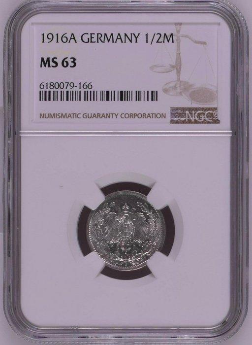 Duitsland. Wilhelm II. 1/2 Mark 1916 - NGC MS63, Postzegels en Munten, Munten | Europa | Niet-Euromunten