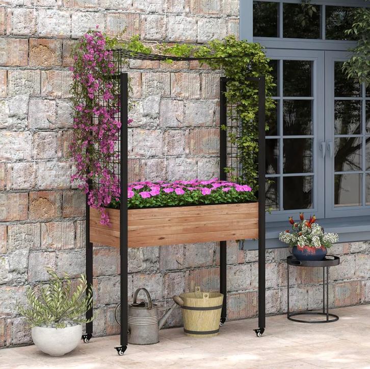 Plantenbak Tafel met Wielen en Trellis – Bloemenbak verhoogd, Tuin en Terras, Bloembakken en Plantenbakken, Nieuw, Hout, Binnen