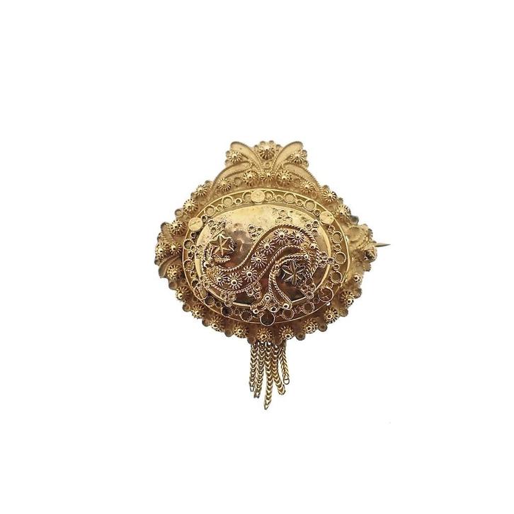 Gouden oud Hollandse broche van een mutsenbel, Sieraden, Tassen en Uiterlijk, Broches, Overige kleuren, Gebruikt, Goud, Ophalen of Verzenden