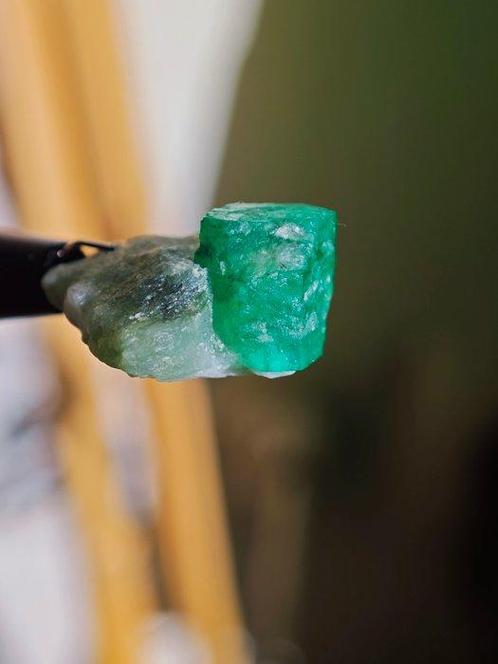 14,8 karaat dubbel beëindigde gifgroene smaragd Kristal op, Verzamelen, Mineralen en Fossielen