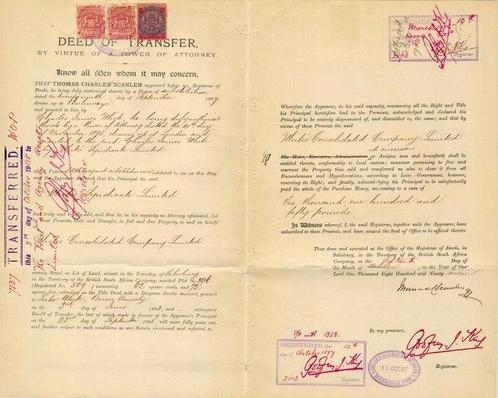 Rhodesië 1896/1897 - Overdrachtsakte - Salisbury,, Postzegels en Munten, Postzegels | Europa | UK