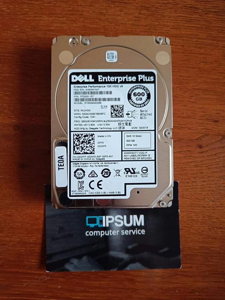 Dell 600GB 10k SAS schijf 033KFP, Computers en Software, Harde schijven, Refurbished, Ophalen of Verzenden