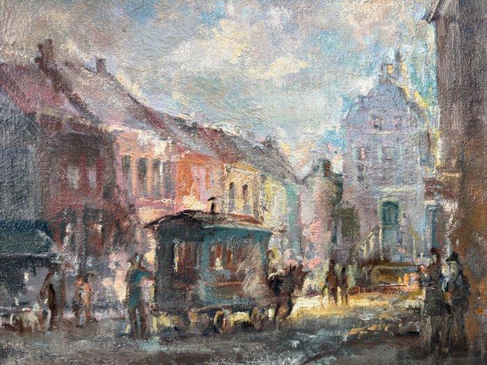 Jos Swinnen (1935-2004) - Stadsgezicht met woonwagen, Antiek en Kunst, Kunst | Schilderijen | Klassiek