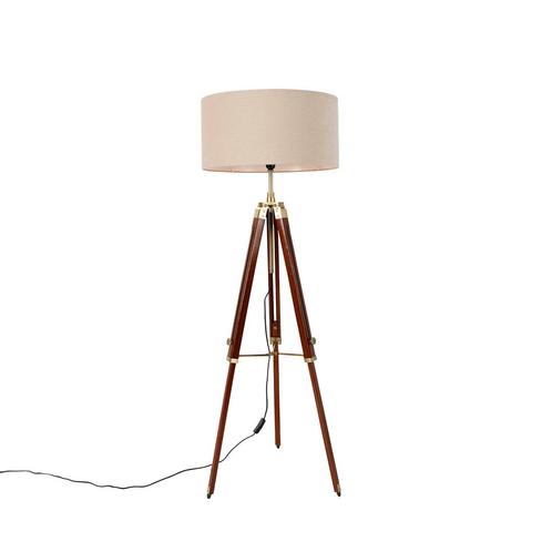 Vloerlamp messing met kap lichtbruin 50 cm tripod - Cortin, Huis en Inrichting, Lampen | Vloerlampen, Nieuw, Overige materialen