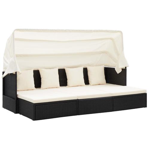 vidaXL Tuinbed met luifel poly rattan zwart, Tuin en Terras, Ligbedden, Nieuw, Verzenden