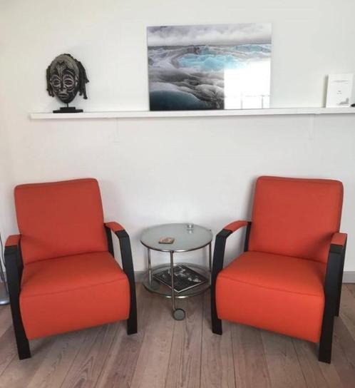 Set van 2 leren fauteuils met stalen frame - oranje leer, Huis en Inrichting, Fauteuils, 50 tot 75 cm, 75 tot 100 cm, Nieuw, Leer