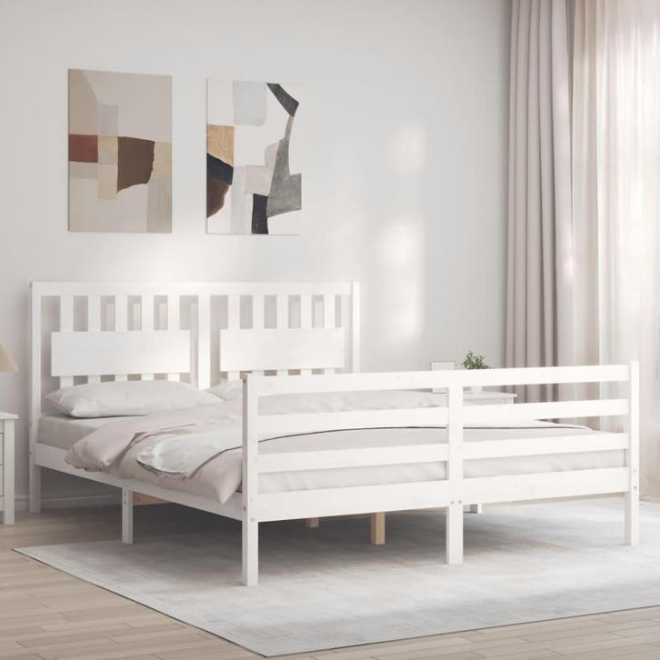 vidaXL Bedframe met hoofdbord massief hout wit 160x200 cm, Huis en Inrichting, Slaapkamer | Bedden, 160 cm, 200 cm, Wit, Tweepersoons