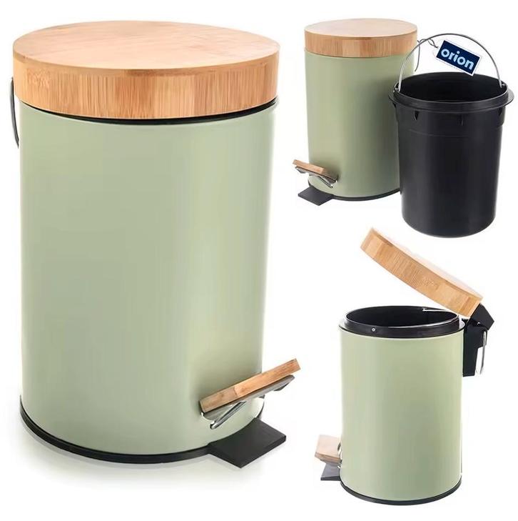 3L Metalen Pedaal Prullenbak met Bamboe - Nieuw Zwart /Groen, Huis en Inrichting, Woonaccessoires | Prullenbakken, Nieuw, Met pedaal