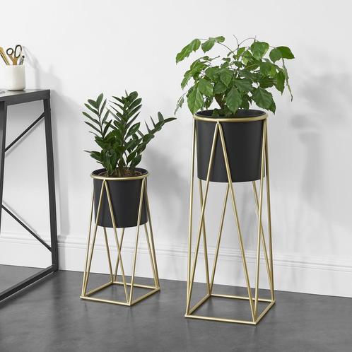 Bloempot op standaard set van 2 zwart en messing, Tuin en Terras, Bloembakken en Plantenbakken, Nieuw, Verzenden