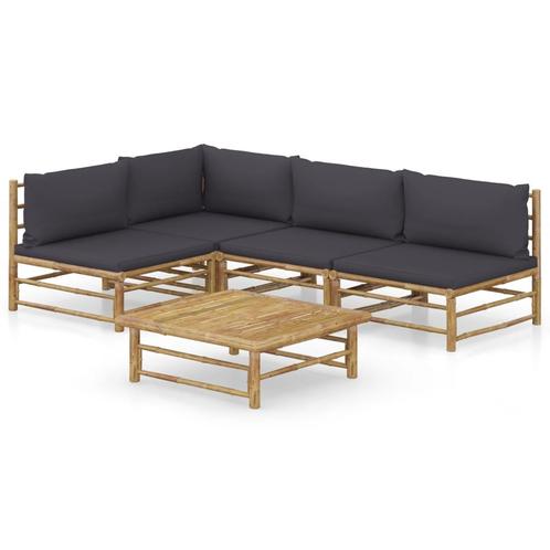 vidaXL 5-delige Loungeset met donkergrijze kussens bamboe, Tuin en Terras, Tuinsets en Loungesets, Loungeset, Nieuw, Hout, Verzenden