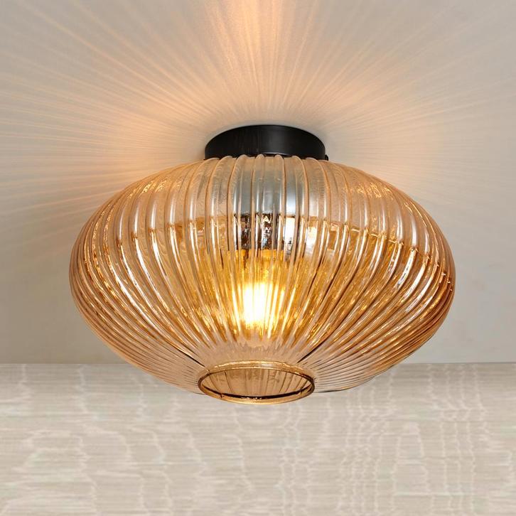 Design Plafondlamp Rond Amberglas, Huis en Inrichting, Lampen | Plafondlampen, Nieuw, Glas, Metaal, Verzenden