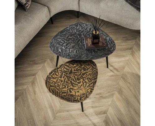 Salontafel set/2 driehoekig patina metal - Brons-, Zilver, Huis en Inrichting, Tafels | Salontafels, Nieuw, Ophalen of Verzenden