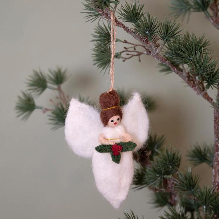Hangers Vilt - Engeltje Wit met Hulst / Holly Berry - 13cm -, Diversen, Kerst, Nieuw, Ophalen of Verzenden
