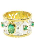Zonder Minimumprijs - Ring - 9 kt. Geel goud, Zilver Smaragd, Sieraden, Tassen en Uiterlijk, Ringen, Nieuw